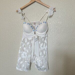 Inner Secrets Off White Baby Doll Lingerie Open Front Tie‎ Blue Wedding Bridal